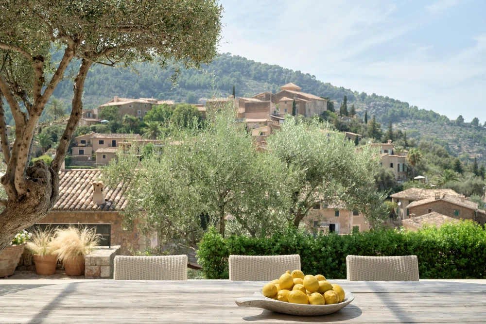 A photo of a Mallorca property showcasing an outdoor area with a table with a bowl of lemons.